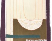 4.25.2013, quilted drawing, small art quilt, contemporary fiber art, abstract, haiku, cream, purple, brown, steel blue, neon orange, white
