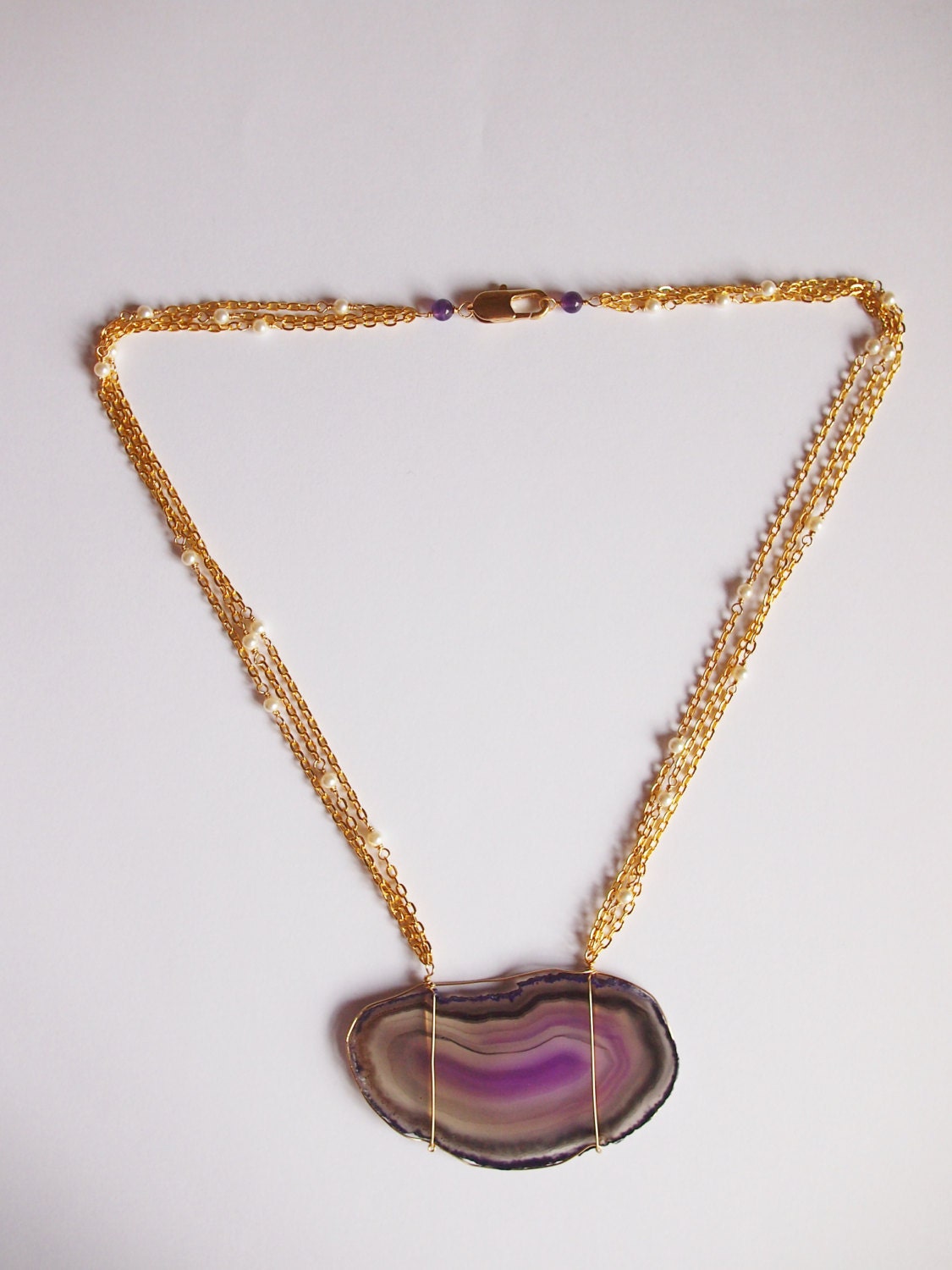 Purple, grey and black agate slice with gold chains necklace