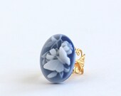 Blue Butterfly Ring, Blue and White, Gold Adjustable Ring