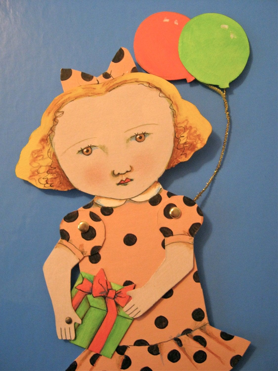 big Paper doll- art Doll- original hand painted- original illustration- hand cut- articulated- birthday- balloons
