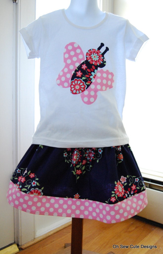 Cute Memento Butterfly Appliqued Tee and Matching Navy Memento and Candy Dot Banded Skirt-Sizes 12 months- 8 Girls