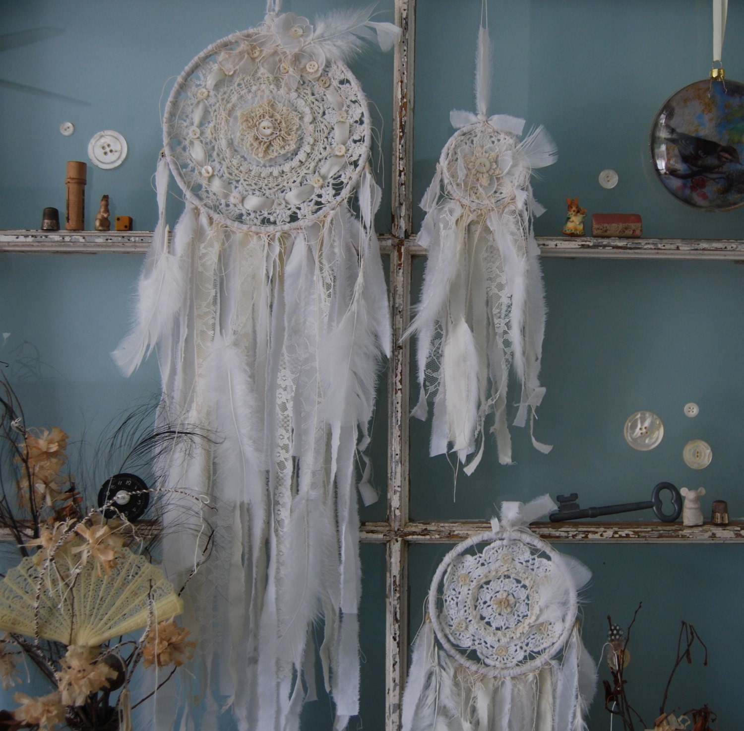 Three's a Charm - Abandoned Vintage Bits of Fabric Crochet and Lace Shabby Chic Dreamcatcher