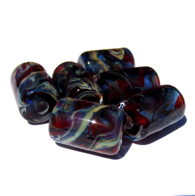 Handmade Lampwork Glass Tube Beads red orange blue ivory
