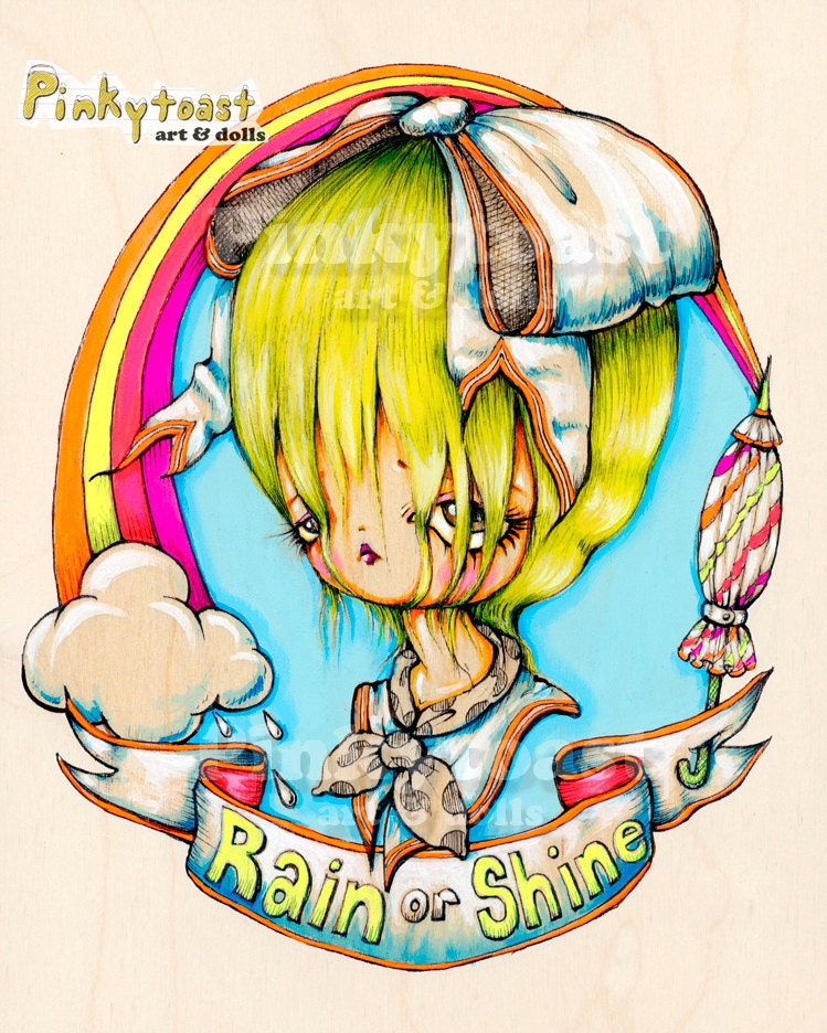 Rain or Shine-Wet Hair Portrait-Big Eye Neon Rainbow Girl-Pinkytoast Art Print-8x10