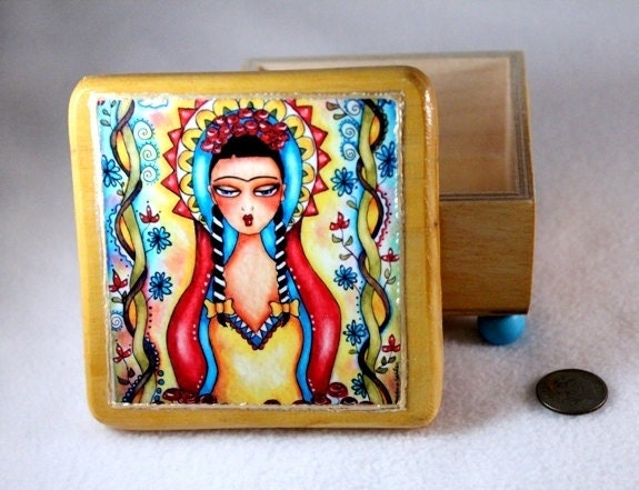 Jewelry Box, Decoupaged Wood Keepsake Box, Madonna Frida OOAK Mexican Art, Day of the Dead Wooden Trinket Box, Red Yellow Blue