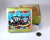 Jewelry Box, Cat Art Wood Box, Day of the Dead OOAK Decoupaged Trinket Ring Box, Earring Holder, Original Art Print, Turquoise Blue Green