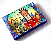 Fridge Magnet, Art Print on Wood Block, Frida and Cat Day of the Dead Art Print, ACEO ATC Artist Trading Card, Mexican Art, Red Blue