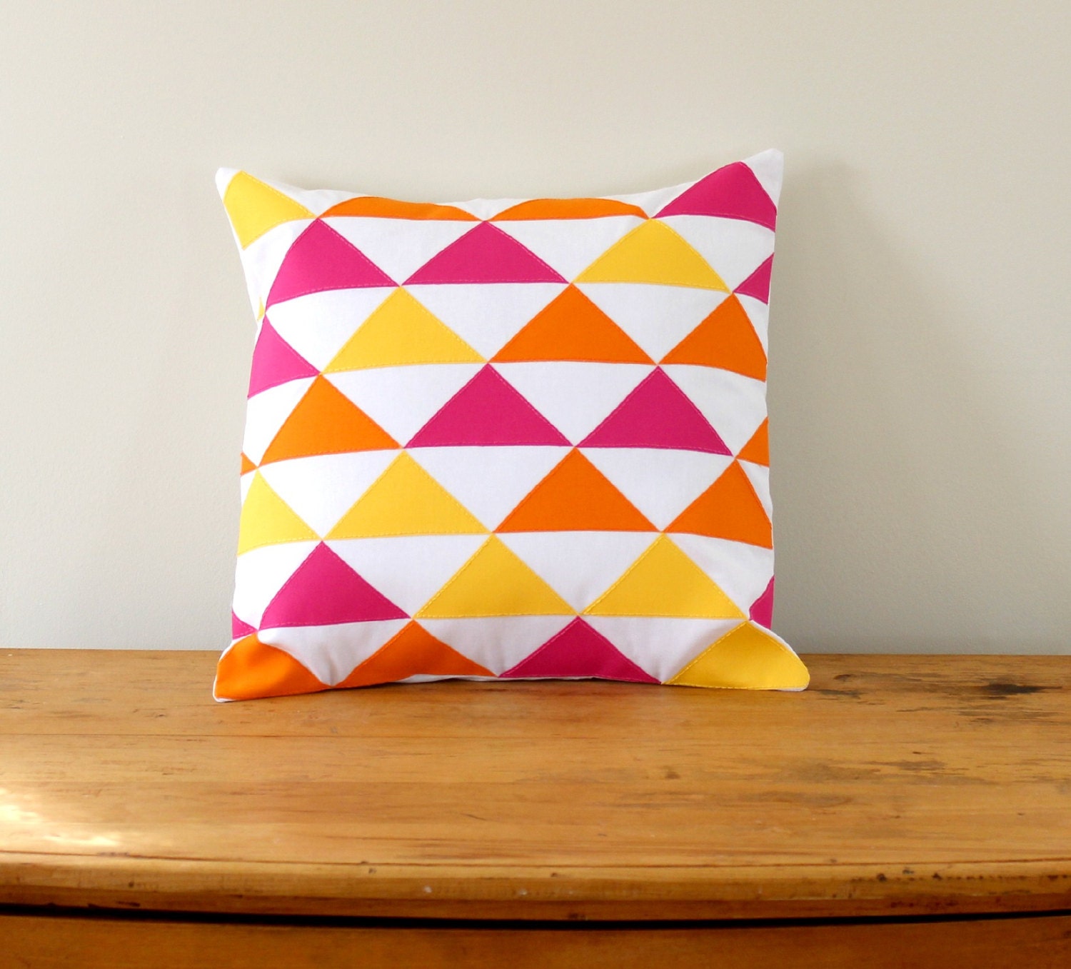 Triangle Remix Geometric on White Linen Applique Pillow Cover