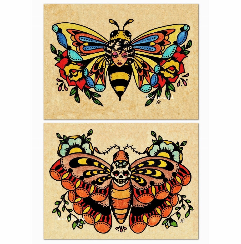 Old School Tattoo Art Flash BEE Butterfly & Skull MOTH Print Set 5 x 7
