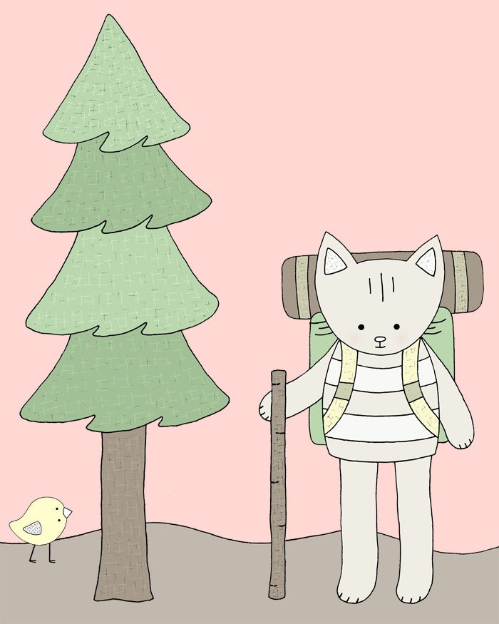 Hiking Cat, Nursery Art, Art Print, Baby Girl Nursery, Pink Nursery Decor
