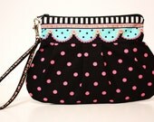 Zip & Go Wristlet / Black and Pink Polka Dots