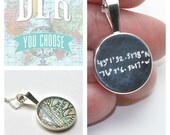 Latitude and Longitude Coordinates Vintage Map Sterling Silver Round Necklace with Handwritten Engraving.  You Select the Journey.