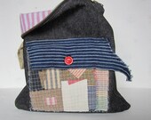 Stripes and Denim Patchwork Zipper Case for travel and everyday a Denim foldover catchall clutch