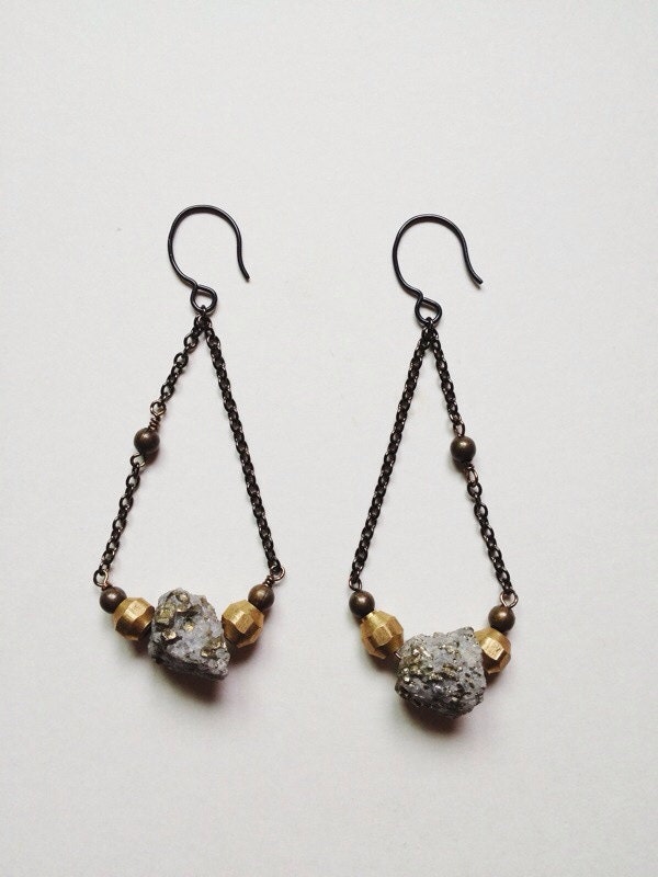 Pyrite Dangle Earrings with Brass Beads