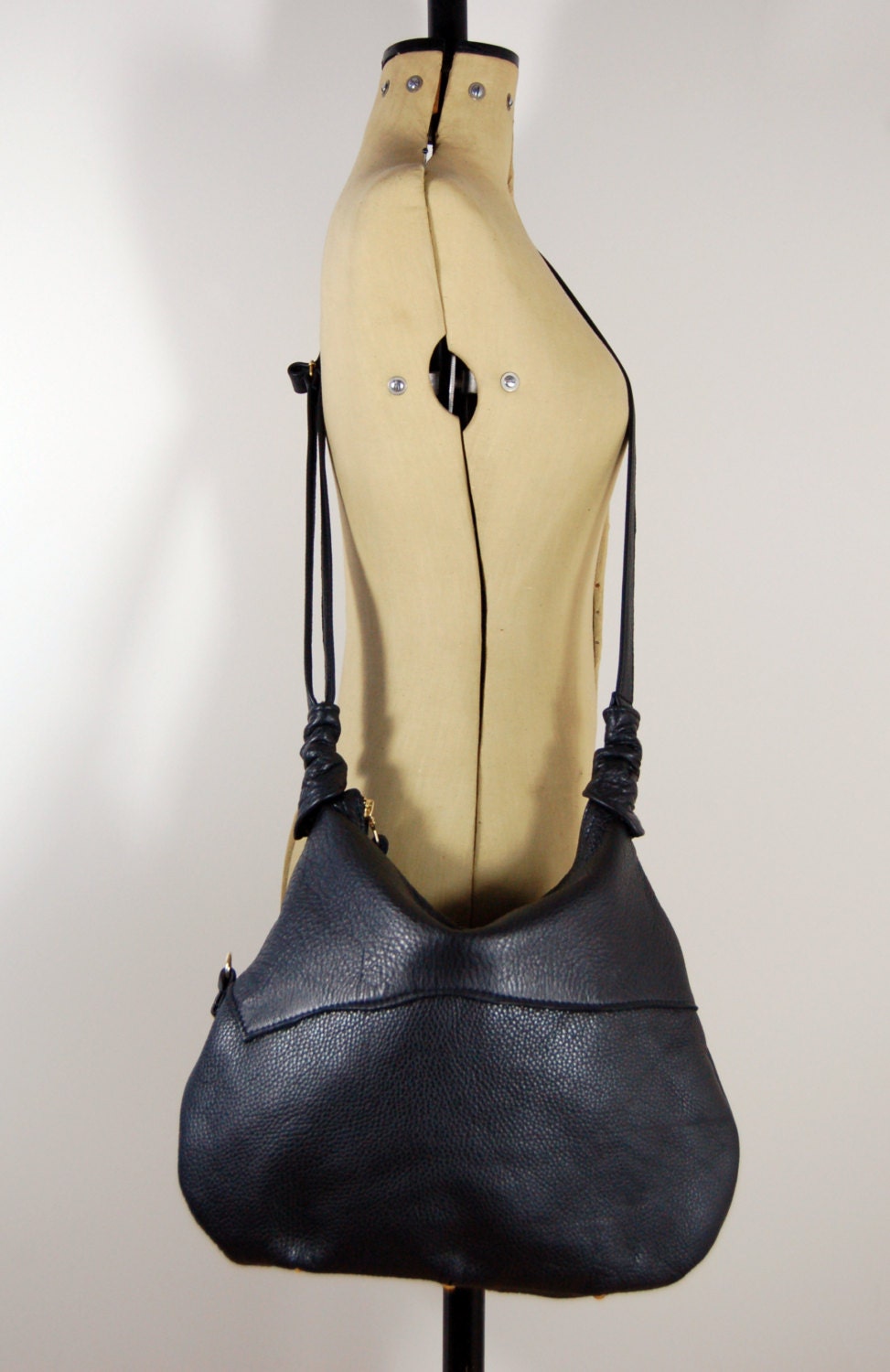 Rosaire, Handmade black leather bag, hobo / shoulder.