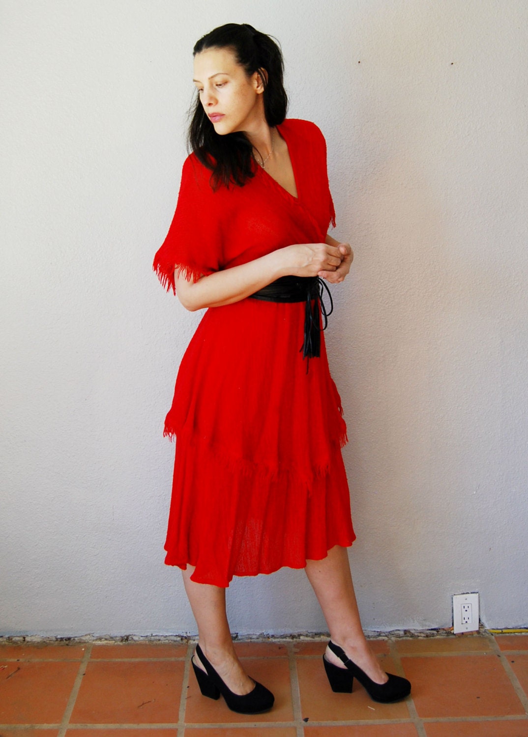 vintage FRINGE day dress / 1980s RED drapey leather belted dress
