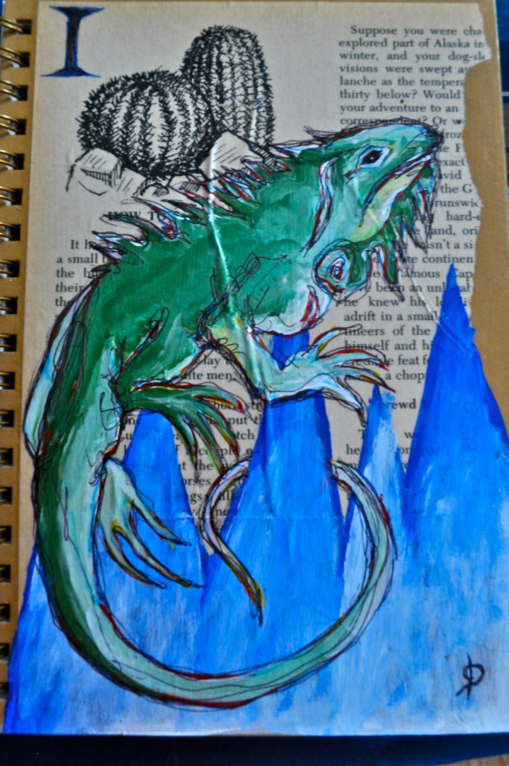 I is for Iguana - Hand painted and collaged sketchbook