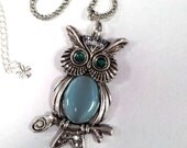 Owl Pendant Necklace - Light Blue and Emerald
