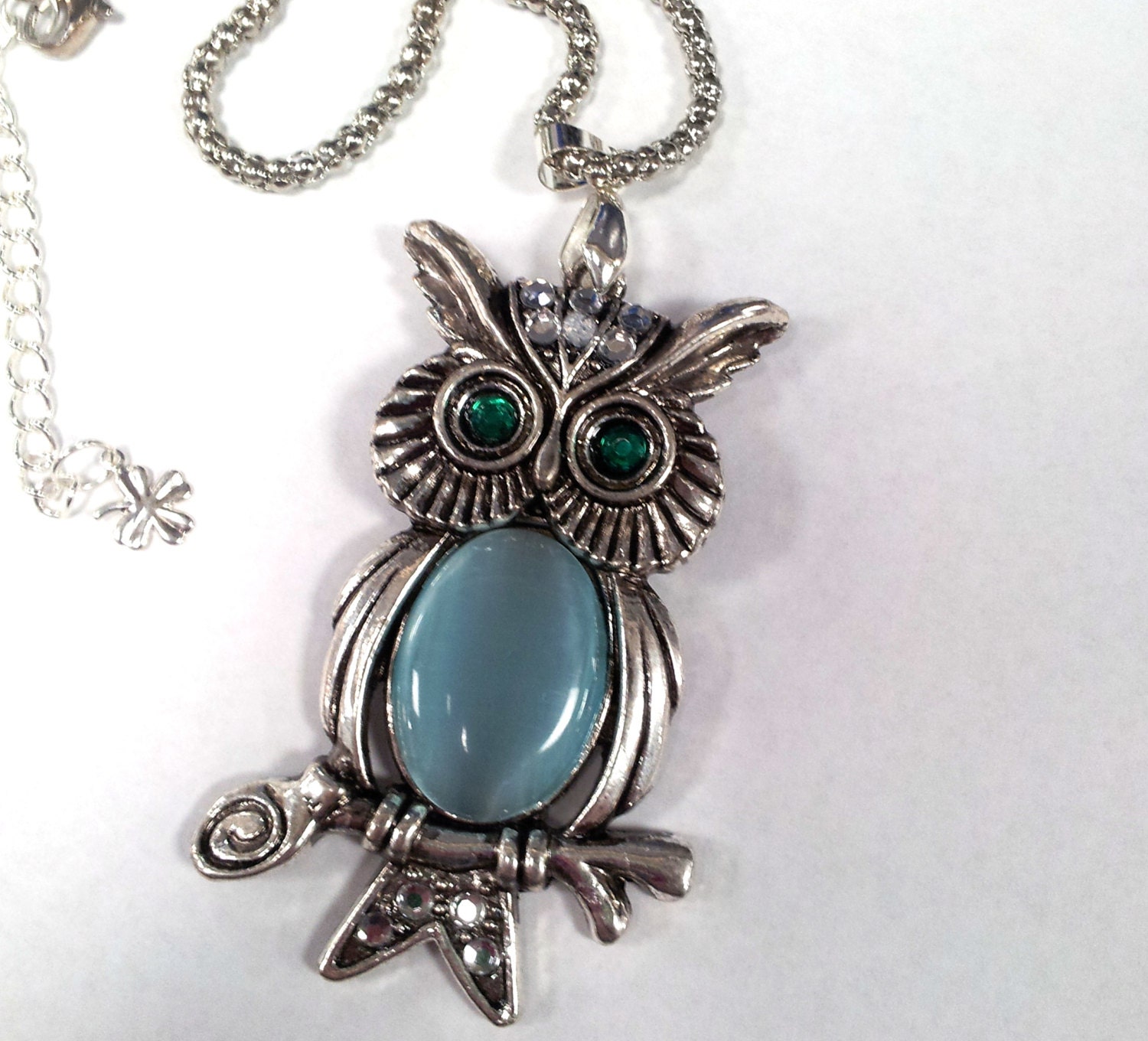 Owl Pendant Necklace - Light Blue and Emerald
