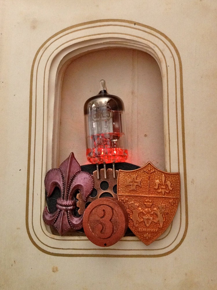 Red steampunk brooch - glow in the dark jewelry - light up steampunk pin