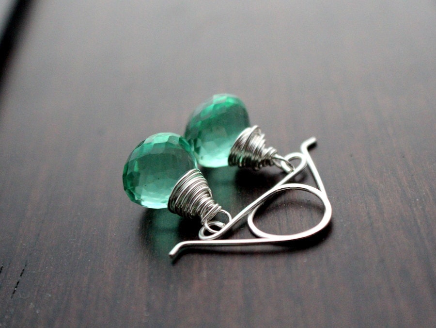 Green Quartz Earrings, Sterling Silver Large Gemstone Drop, Handmade, Caribbean Cucumber Green