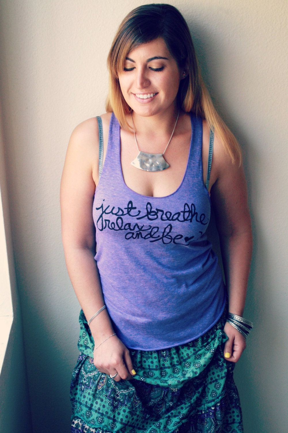 Just Breathe, Relax and Be. SMALL Ladies' Racerback Tank in Orchid