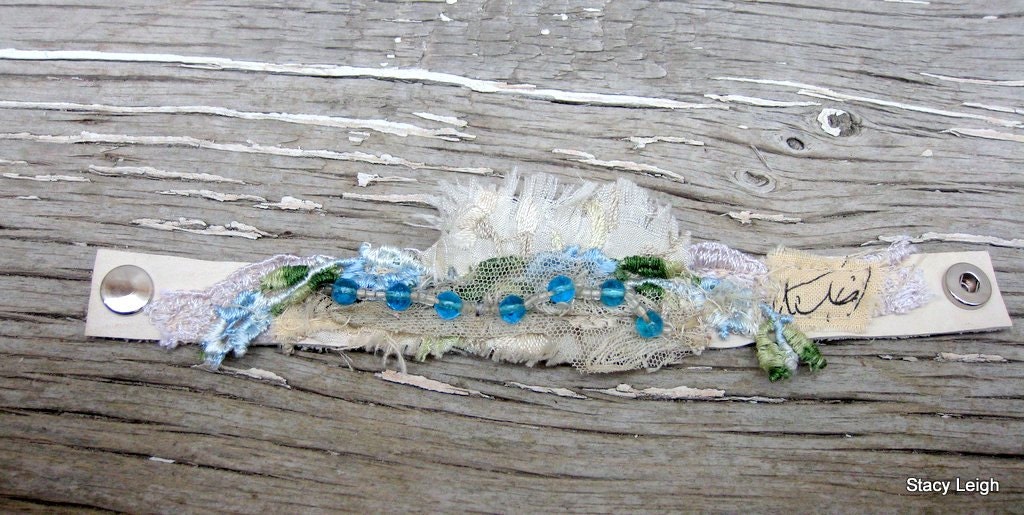 Skinny Leather Cuff with Antique Beads, Tattered Silk, and Lace Size Small by Stacy Leigh