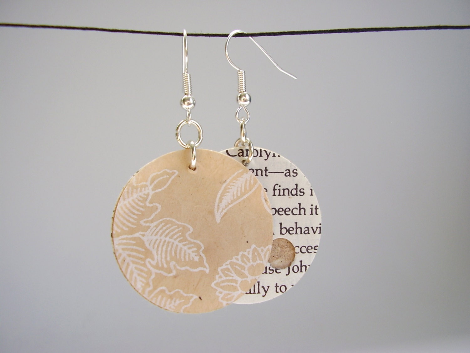 Paper Book Earring, Light Brown with White Leaves, Book Lover Earrings, Paper Moon Earrings Tan