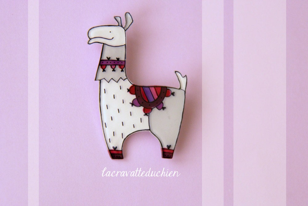 White llama brooch, Animal brooch, illustrated jewelry