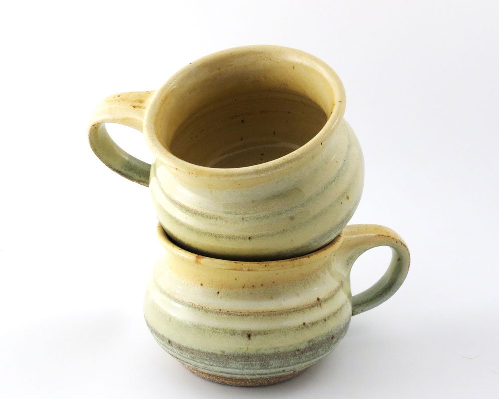 Soup Mugs/ Soup Bowls .- Yellow Salt / Pale Green/  handmade wheel thrown pottery