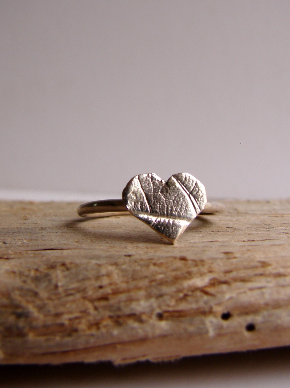 Silver Heart Jewelry, Valentine's Gift, Leaf imprint Heart Ring, Be My Valentine, Nature lover, Ecology