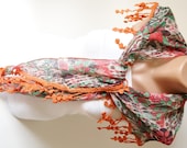 Two side Red,Green  and Purple, Orange Scarf from %100 cotton with flora desing and rose lace