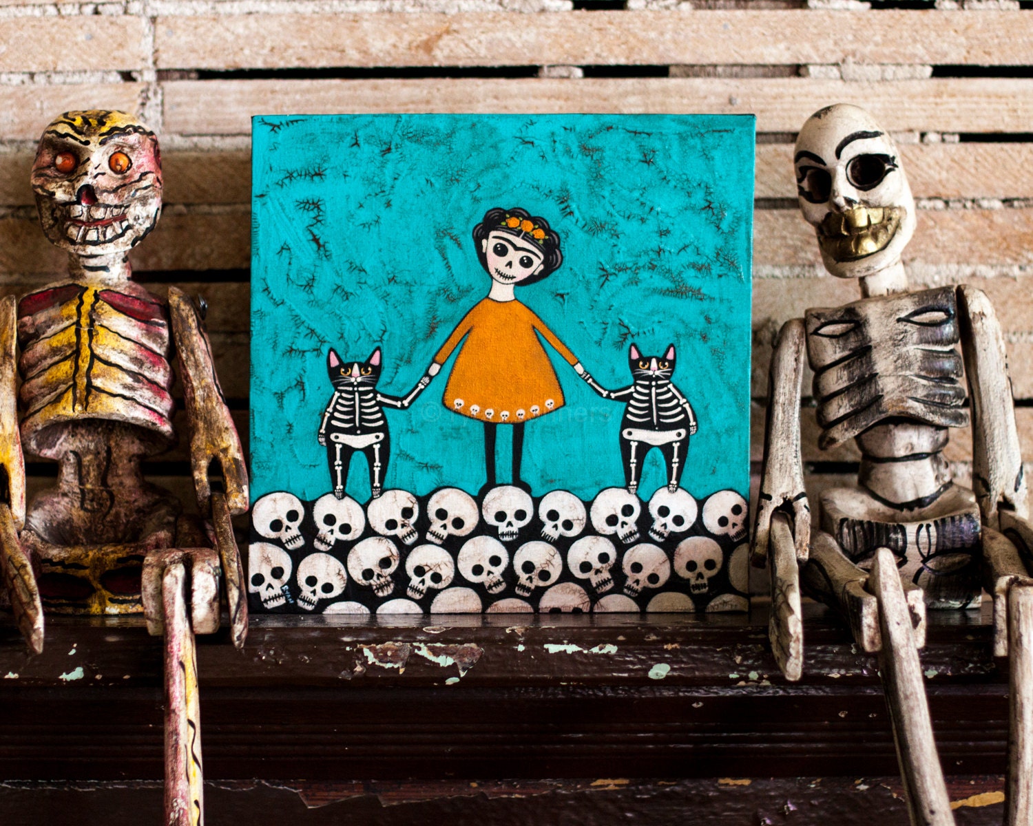 Large 12x12 Frida y Gatos Original Cat Folk Art Painting