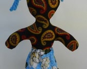 Groovy Vintage Paisleys in Black and Blue Cotton Either Way Doll for Kids.