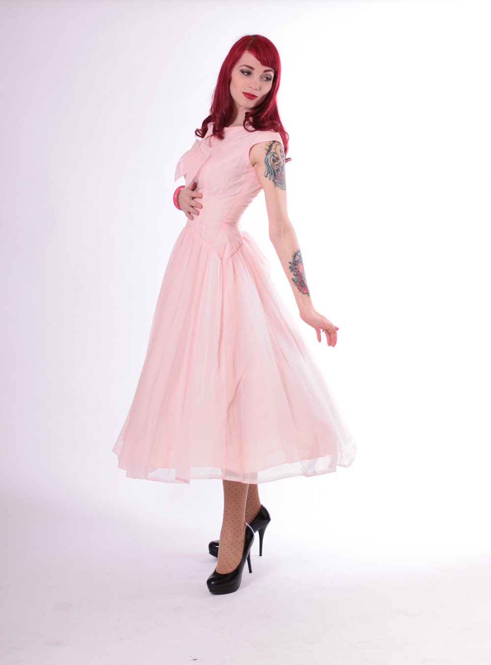 50s Dress - Pink Party Dress with Bows - Full Skirt Small