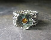 Sterling silver flower ring with citrine stacking rings set of 3 nature jewelry - Summer meadow