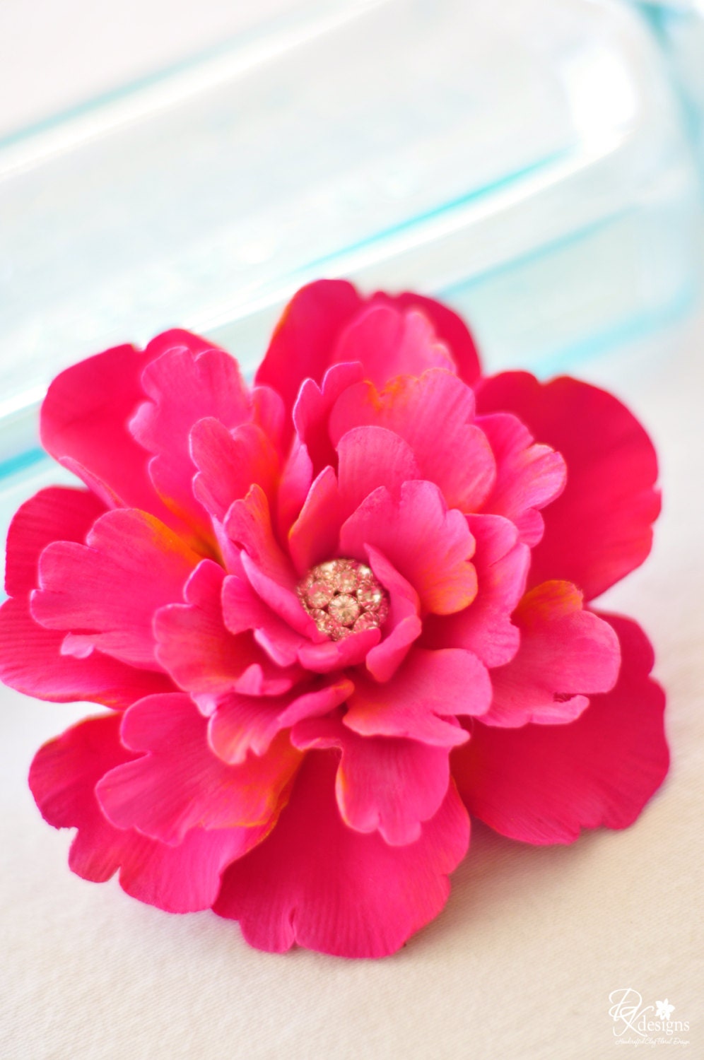 Made To Order - CLAYCRAFT by DECO Fuchsia Pink Peony Hair Flower with Rhinestone Center