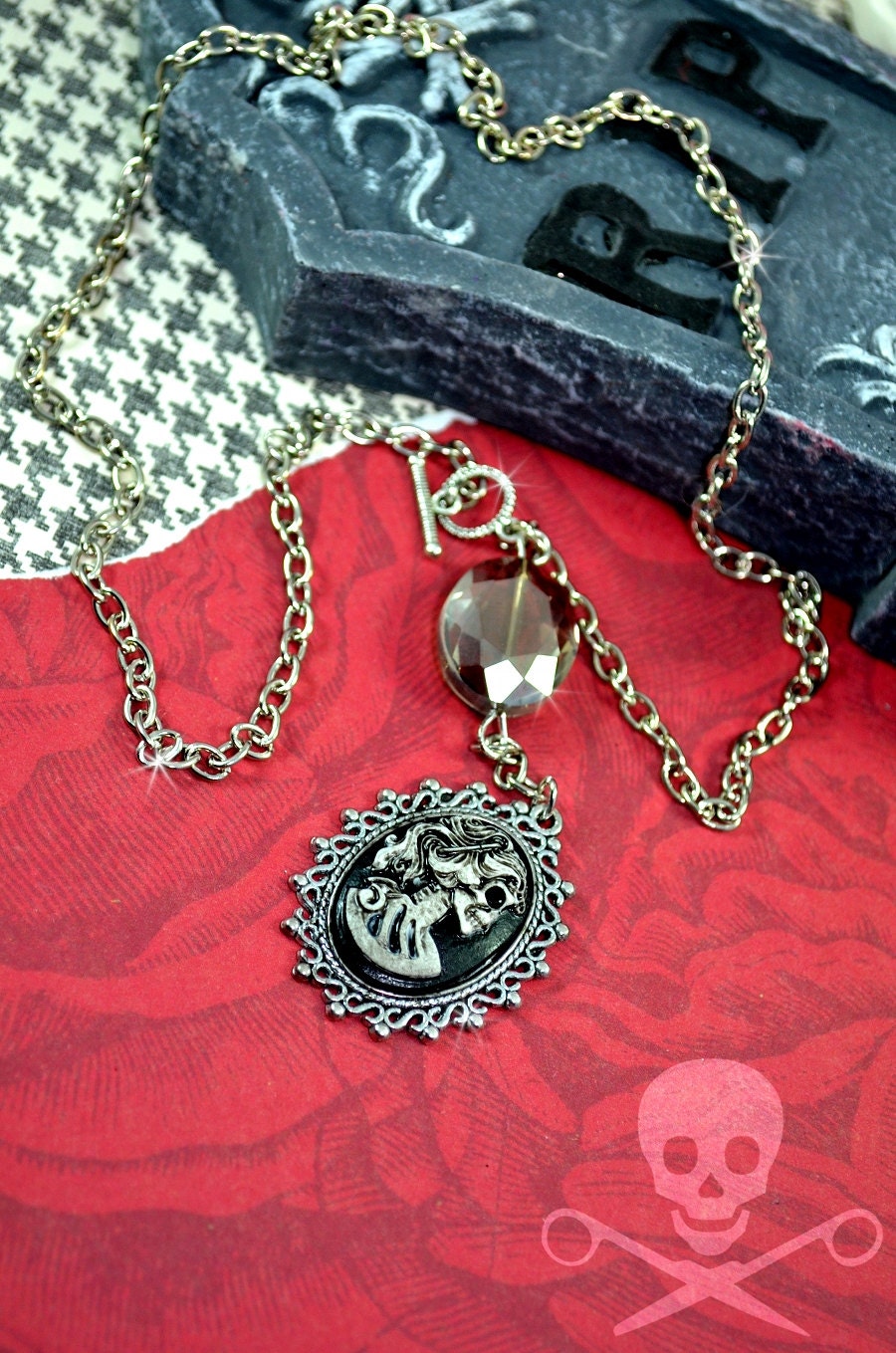 LADY DEATH - Antique Silver Cameo Gothic Skeleton Charm Necklace