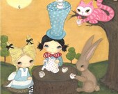 Alice In Wonderland Print---Cat Rabbit Fairy Tale Wall Art---Mad Tea Party