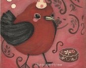 Red Bird Painting Bird Art Party Hat Cake Original Painting 6 x 6