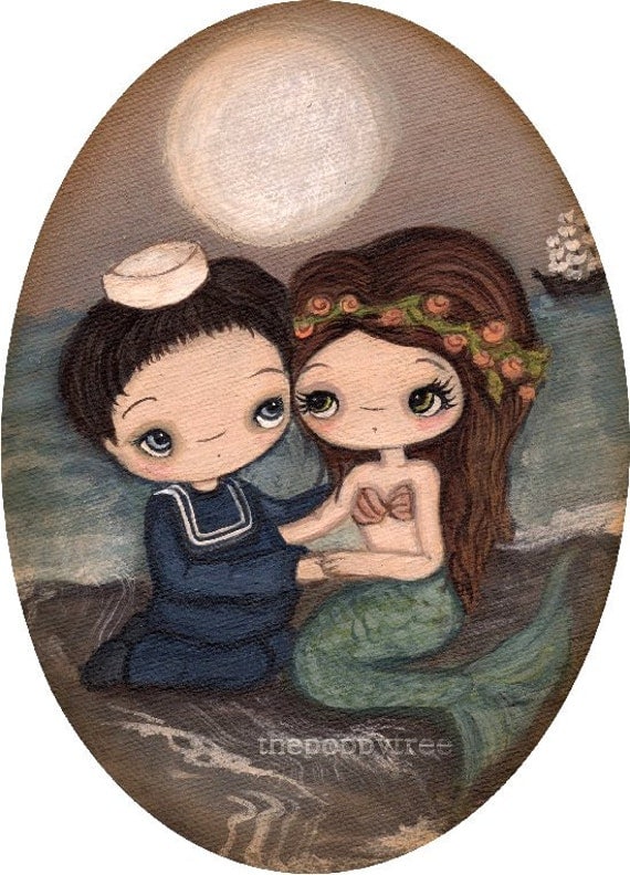 Mermaid Print Sailor Art Nautical Girl Ocean Love Couple Wall Art