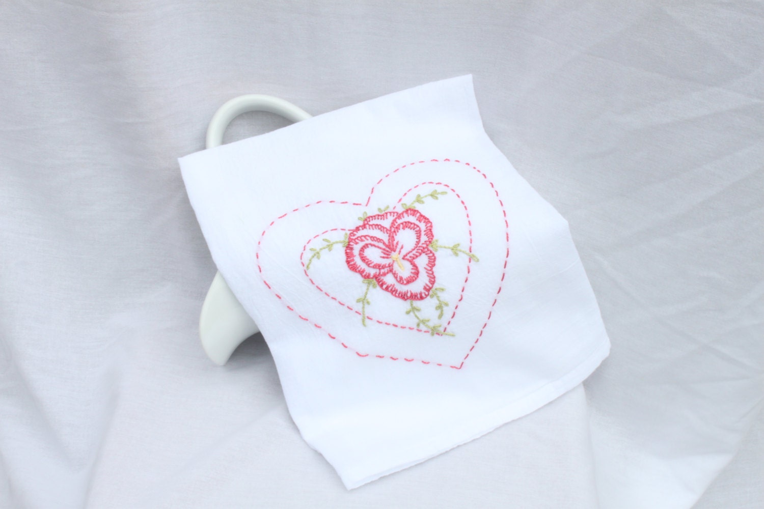 Pink Pansy Heart Hand Embroidered Tea Towel