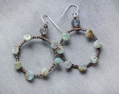 Peruvian Opal  Earrings, Hammered Hoops, wire wrapped, Rustic, Organic Style