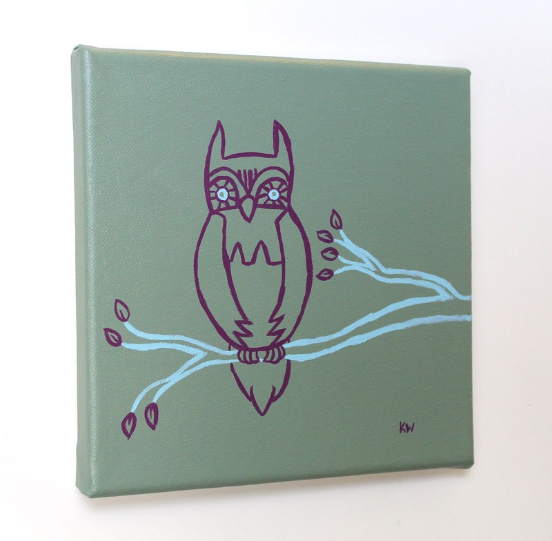 Owl in a Tree - Green Sketch Painting - Original Wall Art Acrylic on Canvas 8 x 8