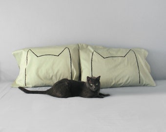 Cat Nap Pillow Cases,  green queen bedding,  gift for cat lover - PIma Cotton 300TC -  decorative pillow cases, home decor, kitten
