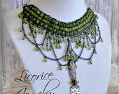 33% OFF  Sale ABSINTHE SPOON Ooak green beaded skull skeleton steampunk neovictorian choker necklace - butterfly fairy antique horror macab