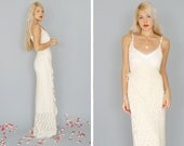 Siobhan: Ivory & gold crocheted bohemian hippie wrap gown