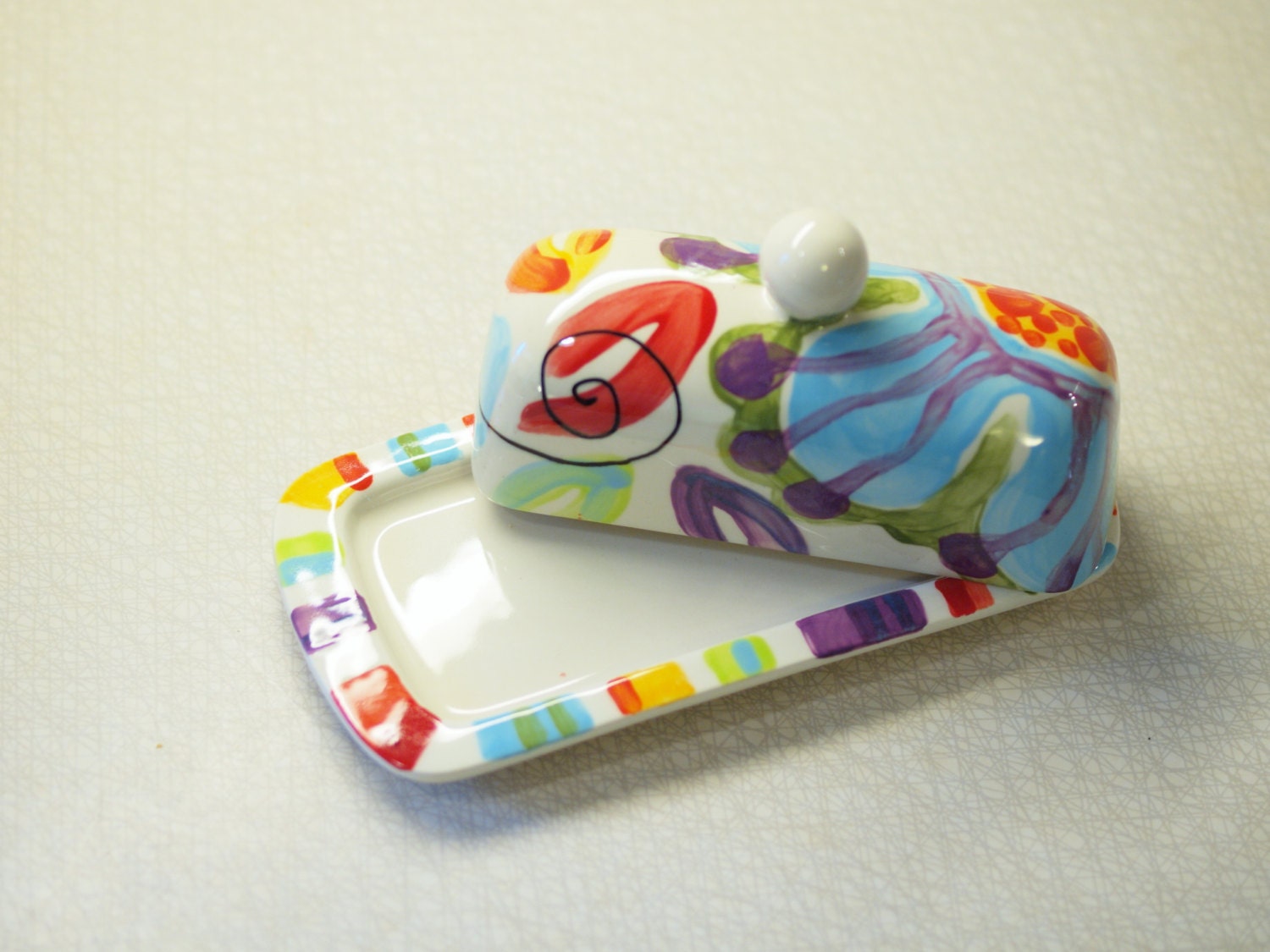 Bright Floral Butter Dish - Jubilation Butter Dish -  Colorful Pottery Kitchen Serving Home Decor Stripe Accent Cook Gifts   J-312W