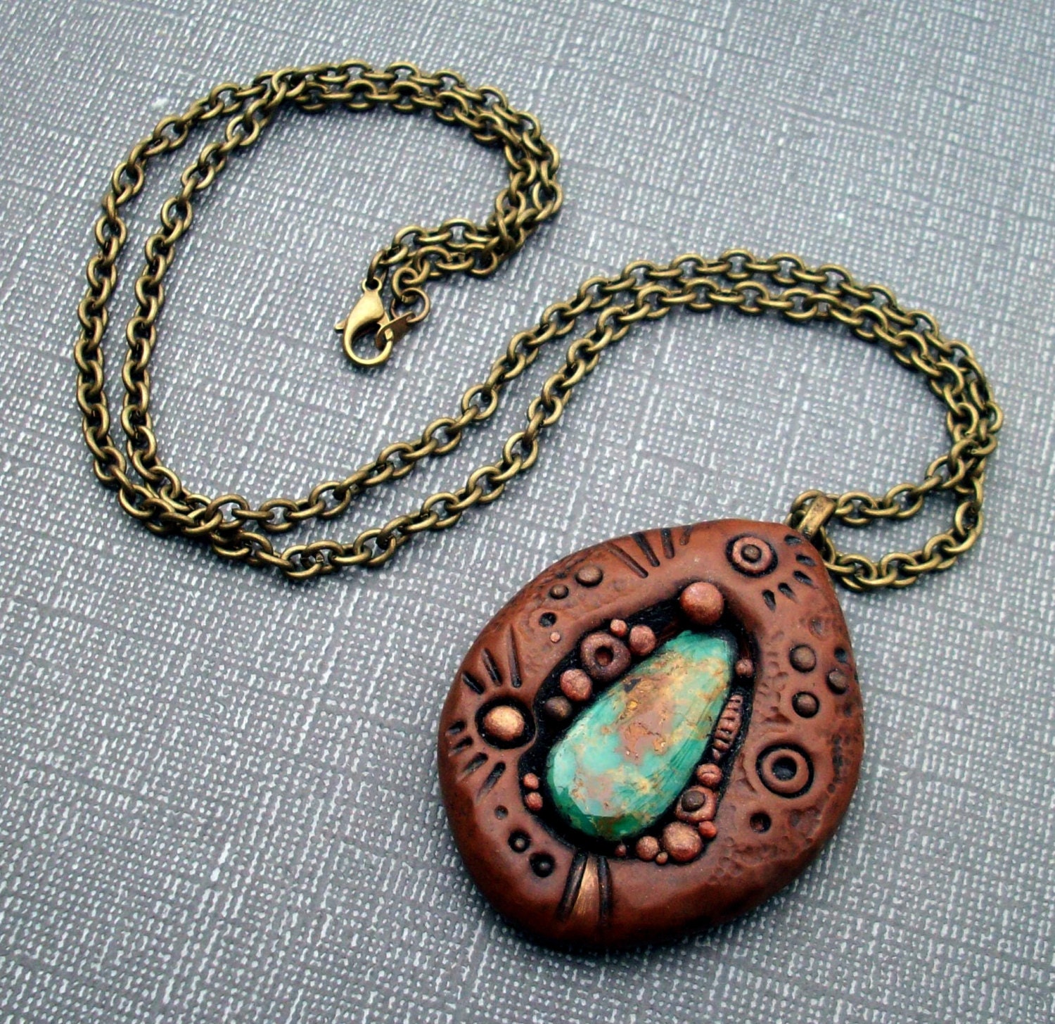 Turquoise and Polymer Clay Wearable Art Pendant Unisex Jewelry