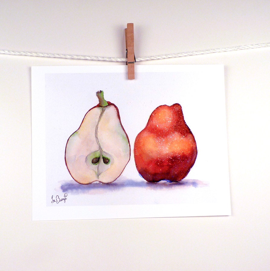 Pears Art - Painting Watercolor Print - Red Fruit Food Art, Nature Art - Men Women Kids - Apartment Dorm Red Juicy - 7.6 x 9.6 Under 25